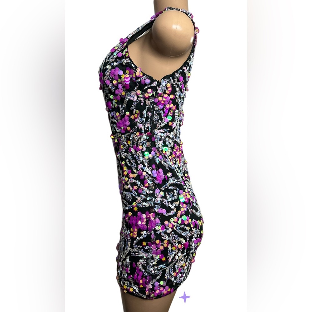 Lulus Vibrant Nights ~Size S~ Black Multi Sequin One-Shoulder Bodycon Mini Dress - Picture 9 of 14